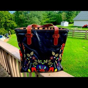 Consuela Black Leather Tote w/ vibrant embroidery details.